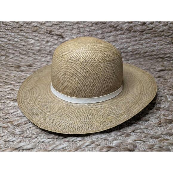 Womens Brown Straw Wide Brim Panama Hat w/ Ribbon & Flower Accent BOHO Size M - Picture 6 of 10